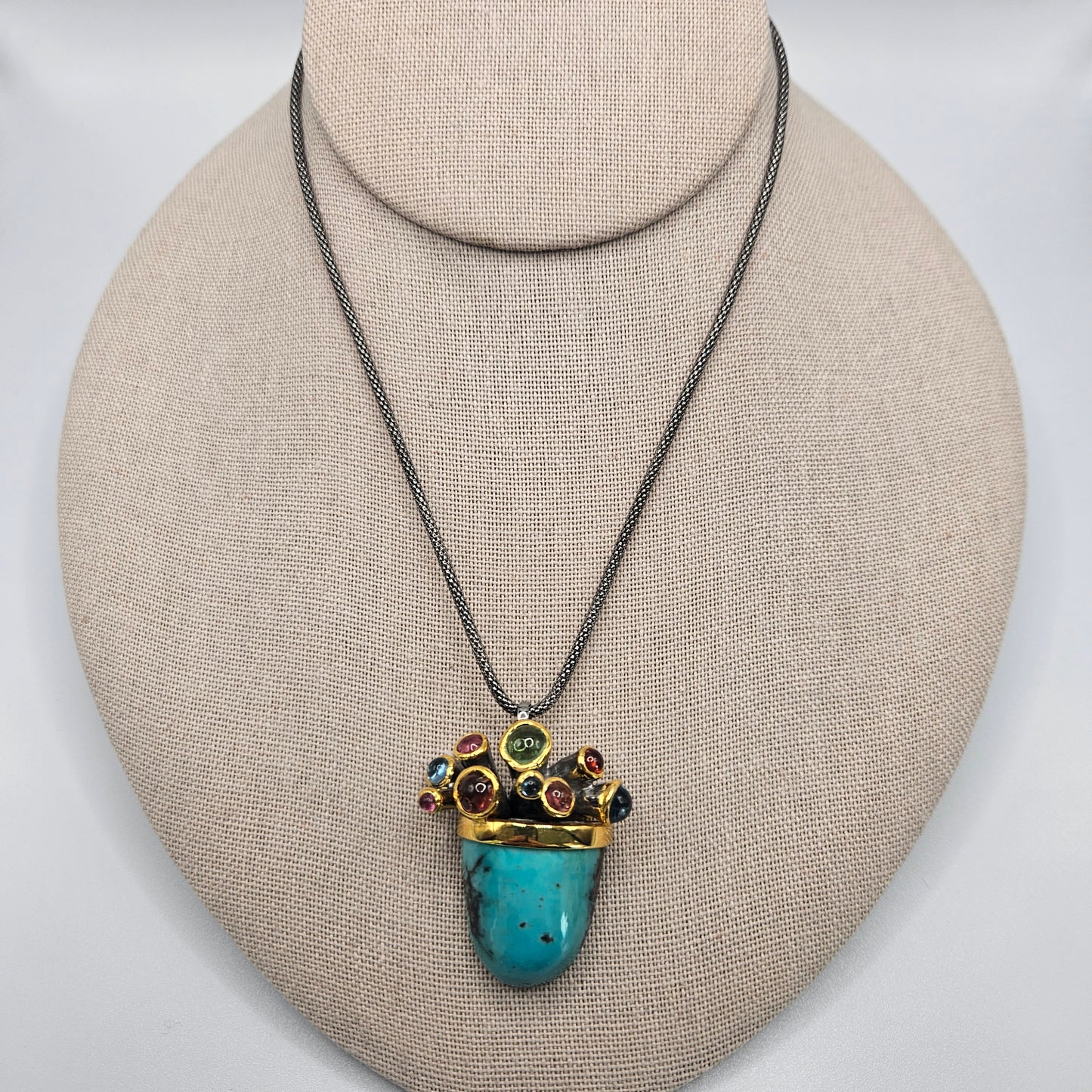 Sterling Silver Vermeil Turquoise and Multi-Colored Tourmaline Pendant with Chain