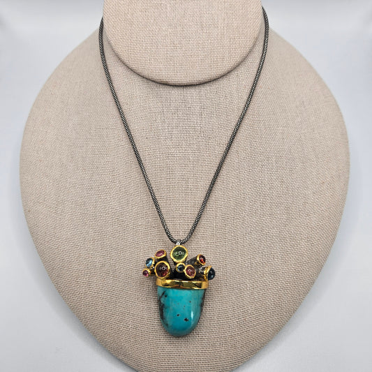 Sterling Silver Vermeil Turquoise and Multi-Colored Tourmaline Pendant with Chain