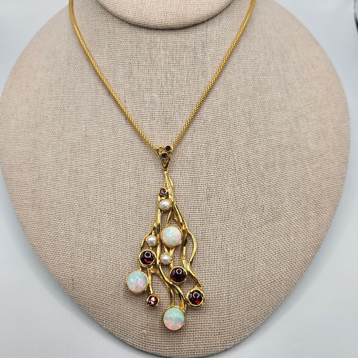 Sterling Silver Vermeil Ethiopian Opal and Faceted Garnet Pendant with Chain