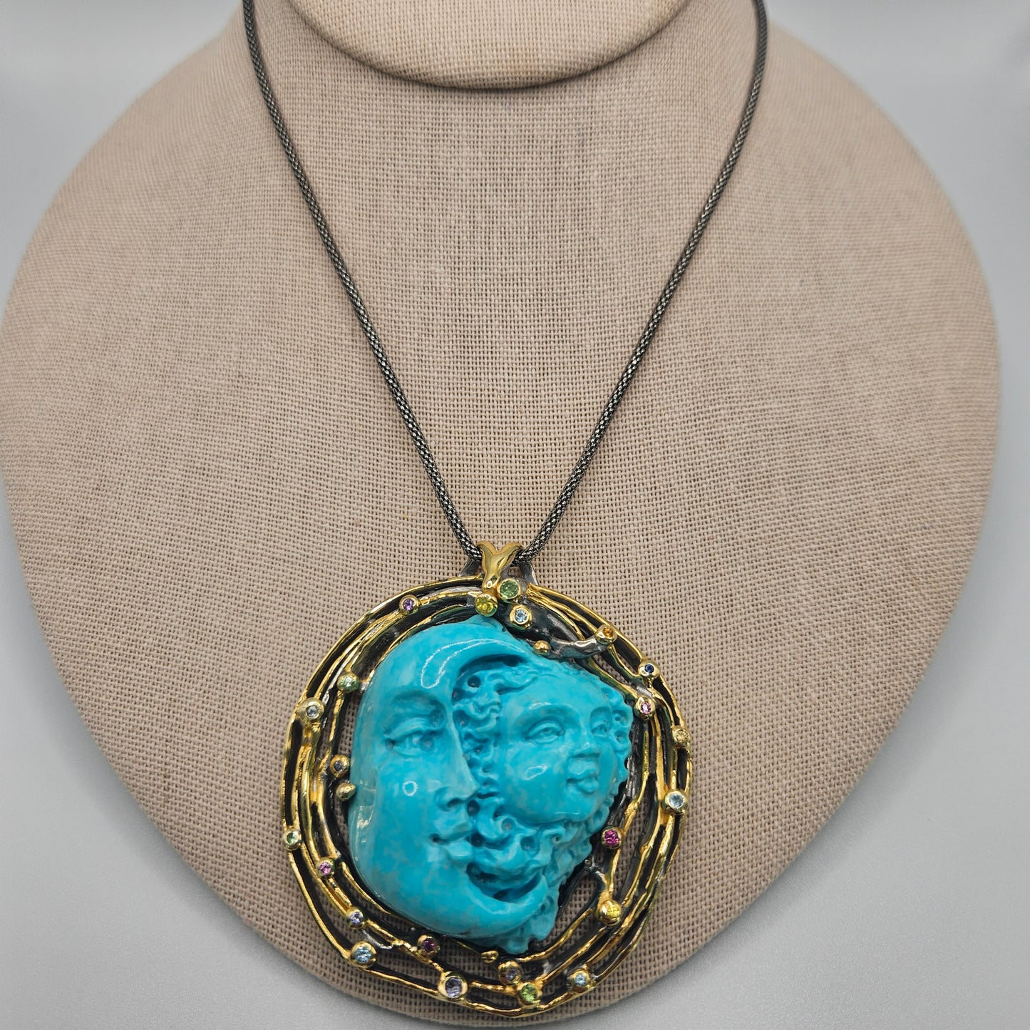 Sterling Silver Vermeil Carved Sun and Moon Turquoise and Sapphire Pendant with Chain