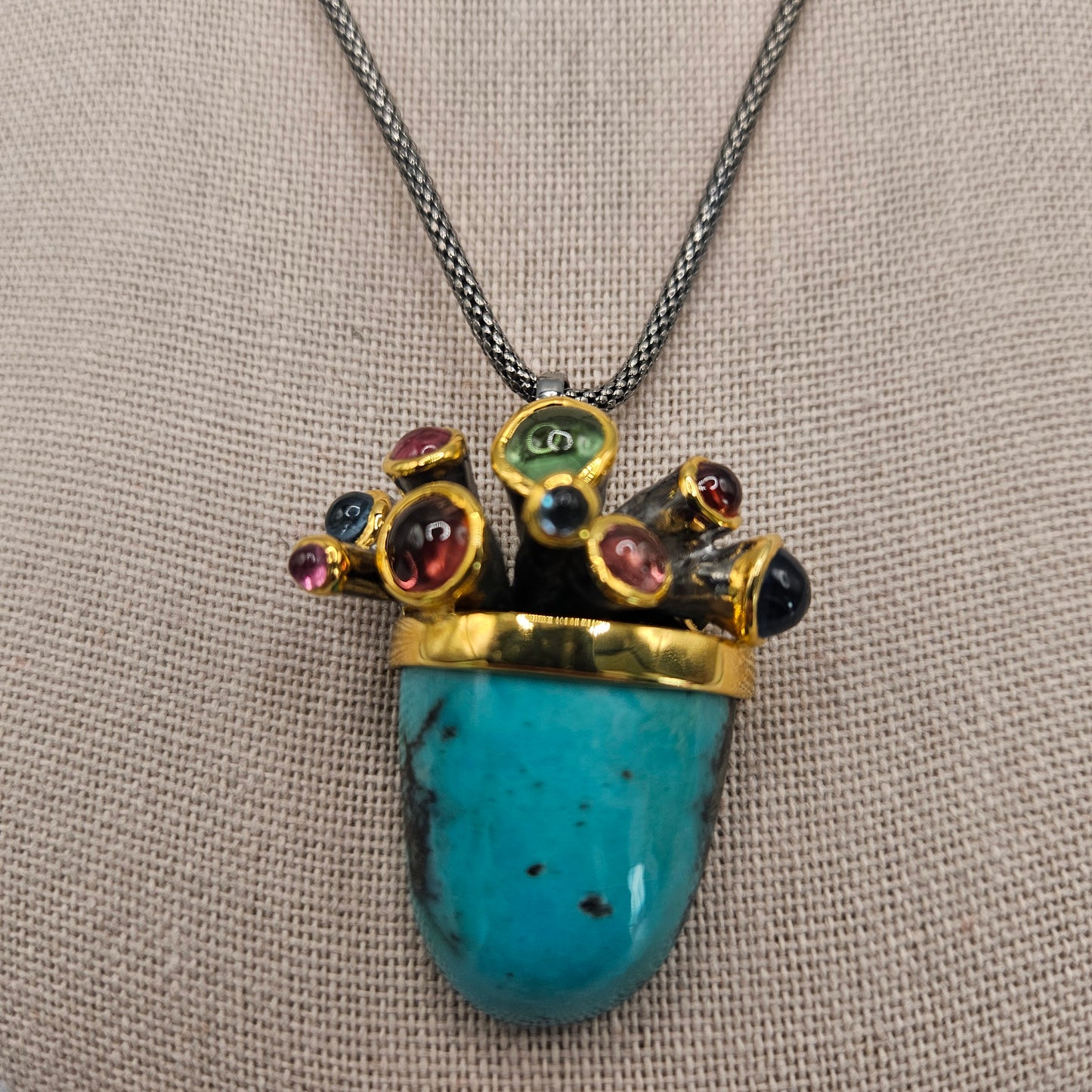 Sterling Silver Vermeil Turquoise and Multi-Colored Tourmaline Pendant with Chain