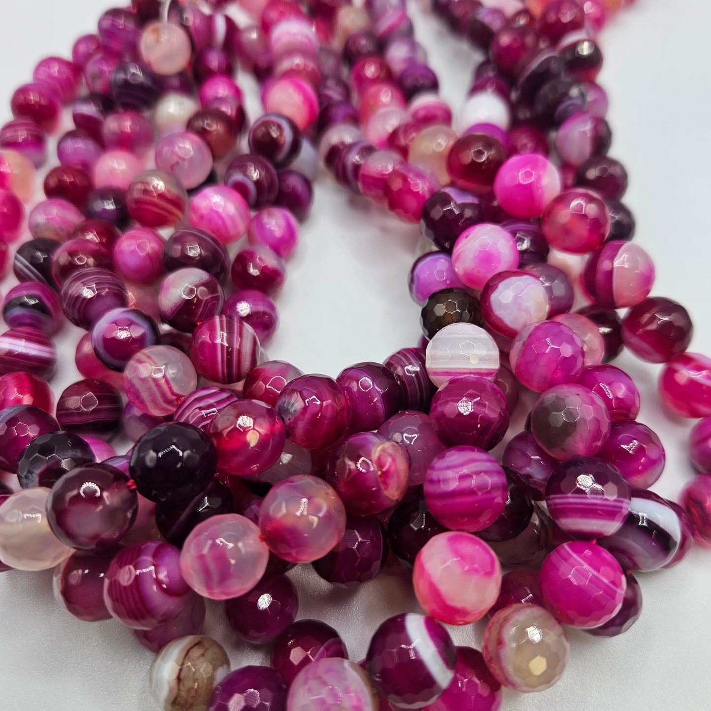 10mm Dyed Faceted Pink Agate Round Bead Strand
