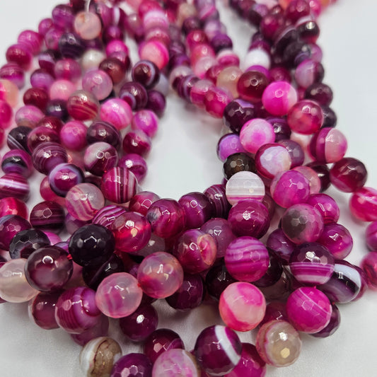 10mm Dyed Faceted Pink Agate Round Bead Strand