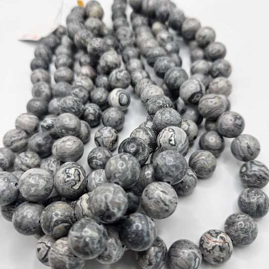 12mm Gray Leopard Jasper Round Bead Strand