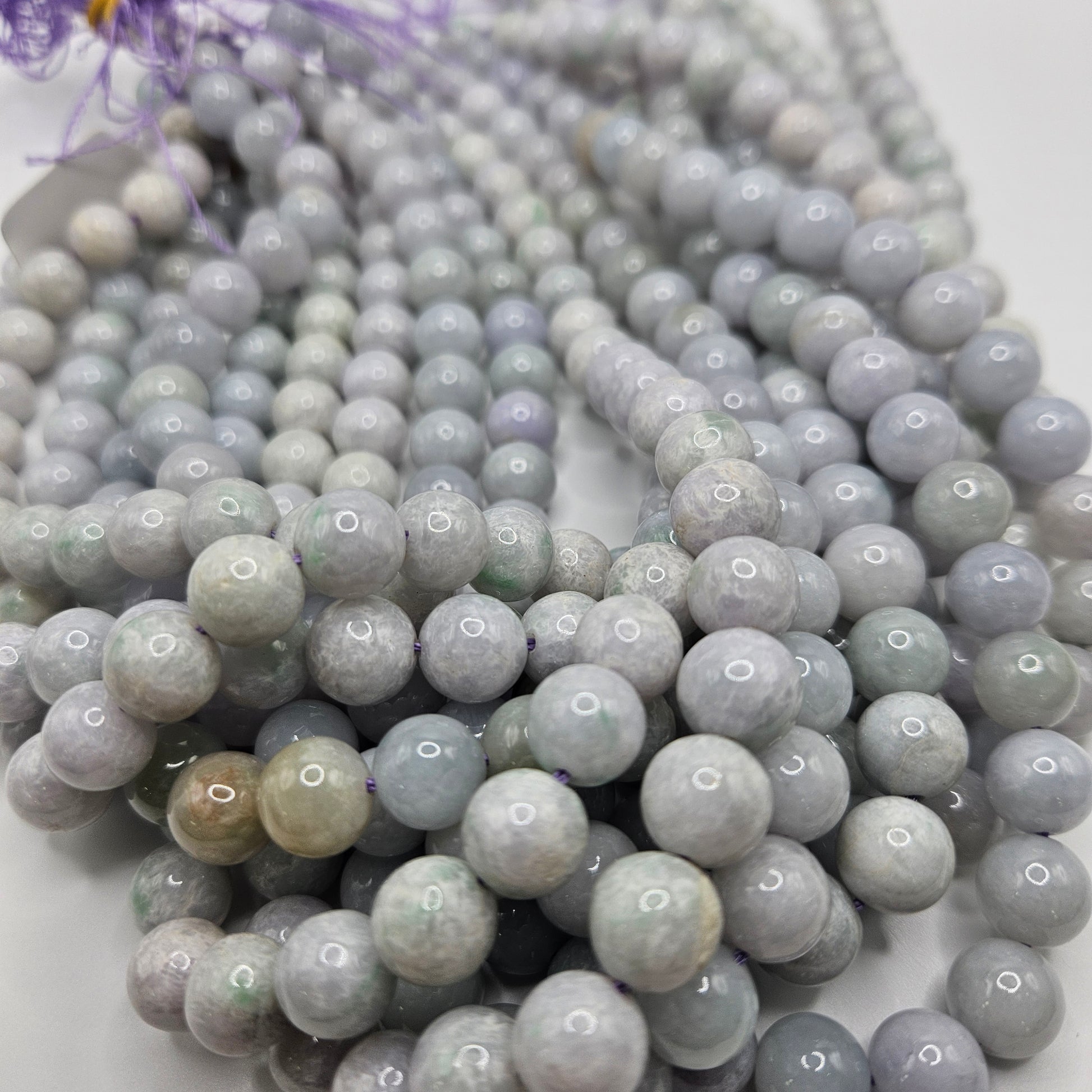Unique 10mm Purple Burma Jade Round Bead Strand.
