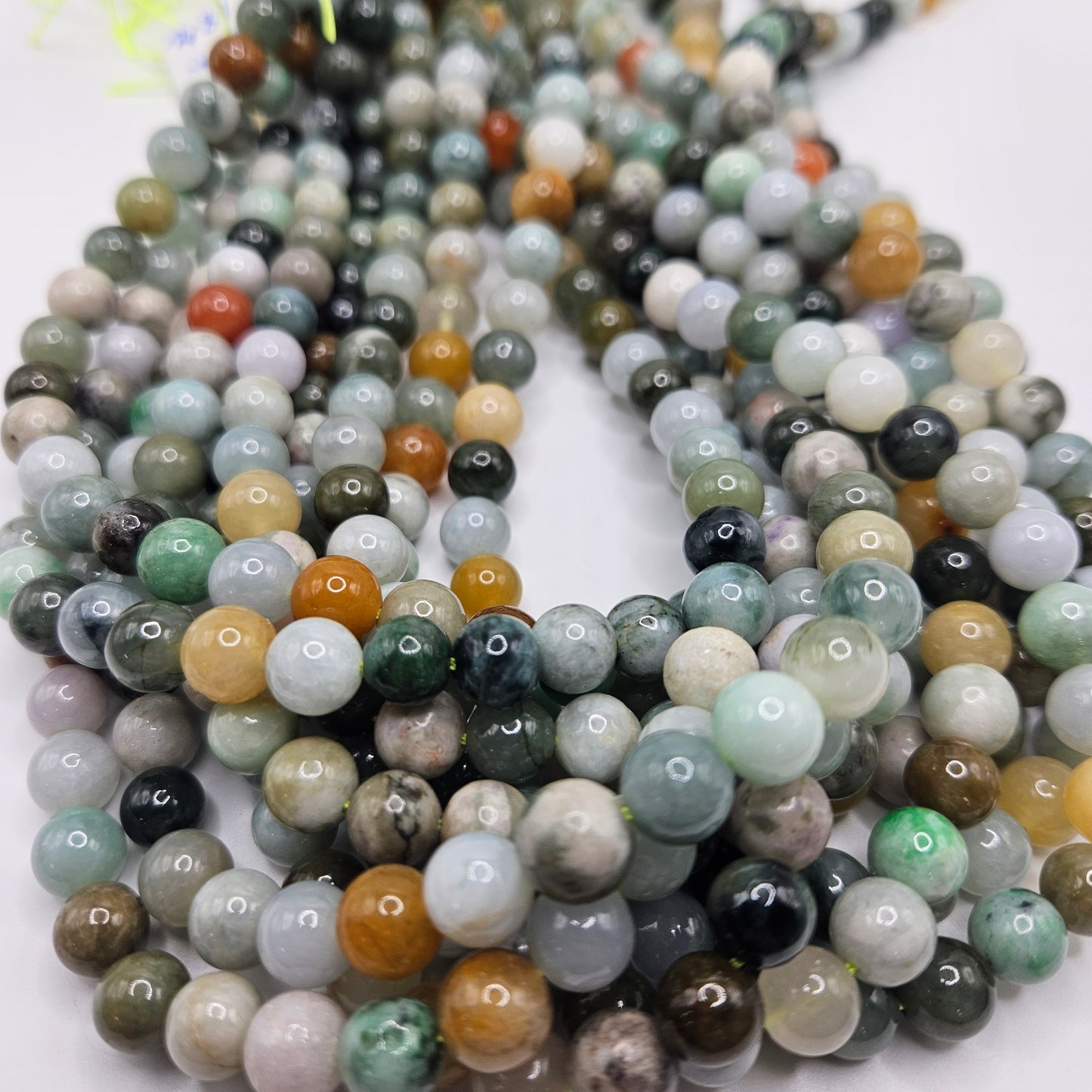 Unique 8mm Multi Colored Burma Jade Round Bead Strand.