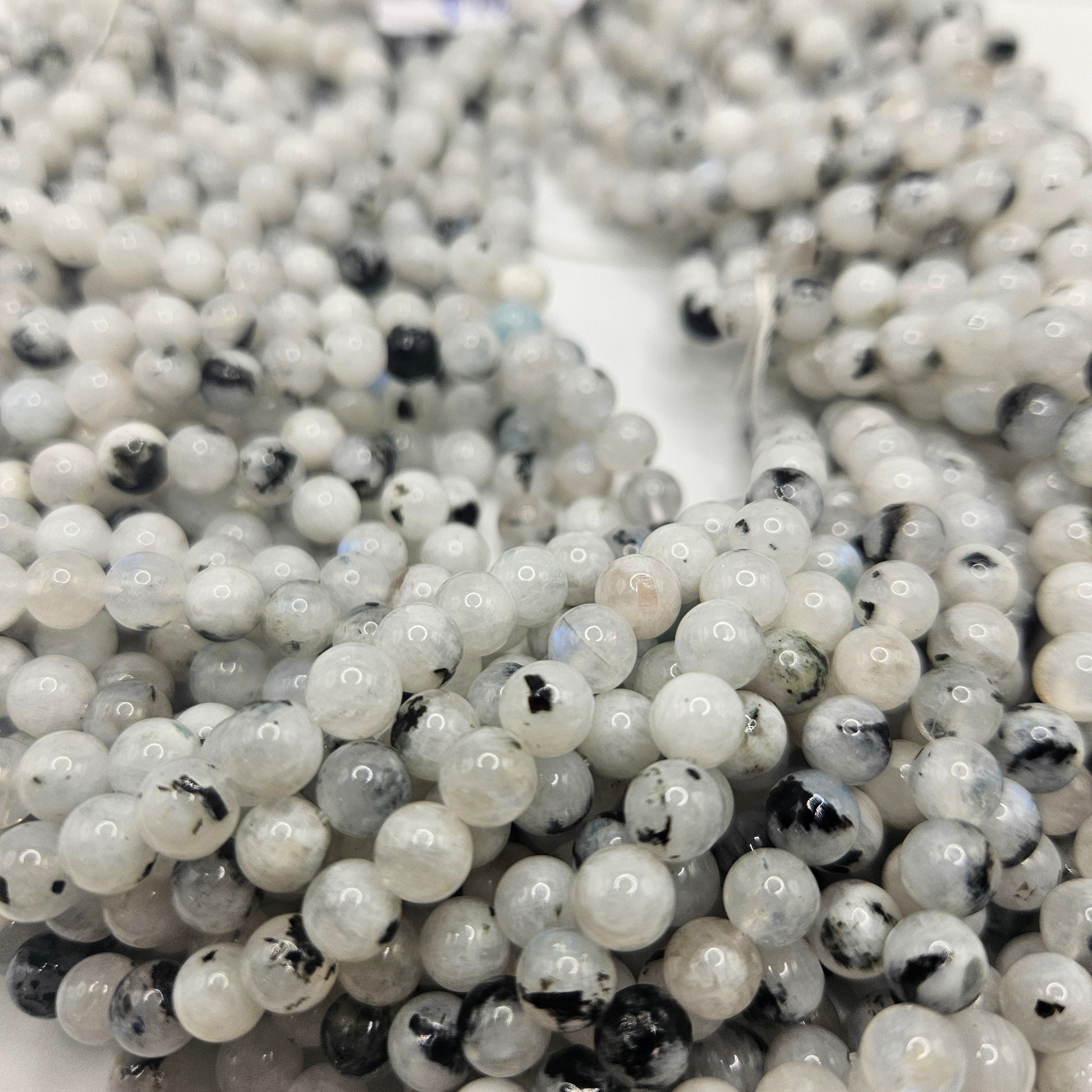 6mm Moonstone with Tourmaline Round Bead Strand.