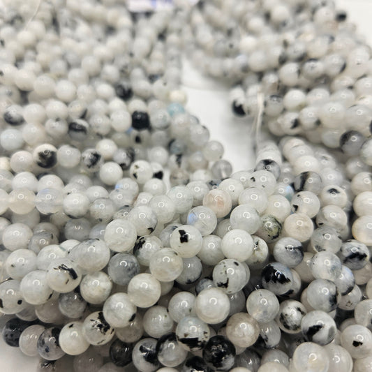 6mm Moonstone with Tourmaline Round Bead Strand.
