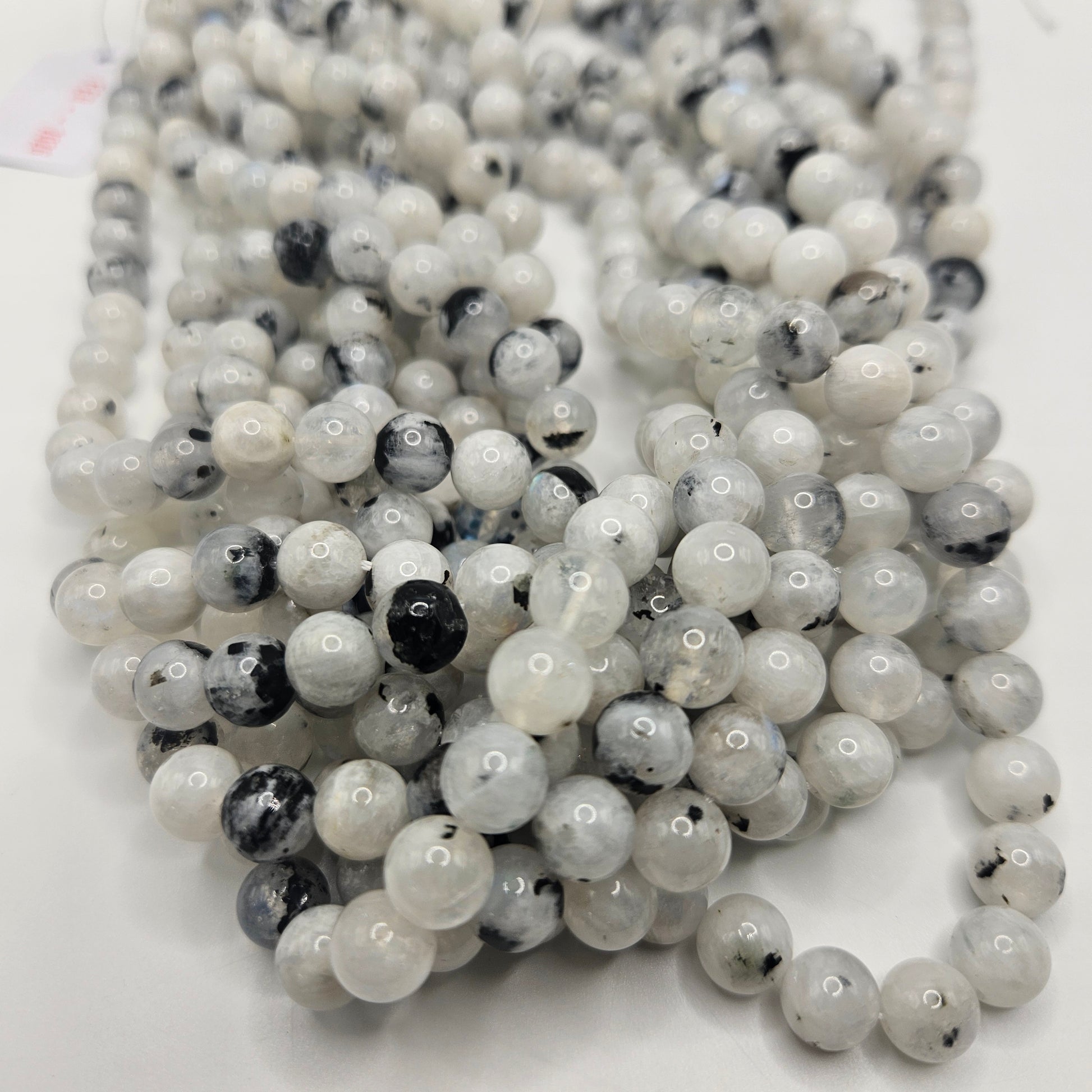 8mm Moonstone with Tourmaline Round Bead Strand.