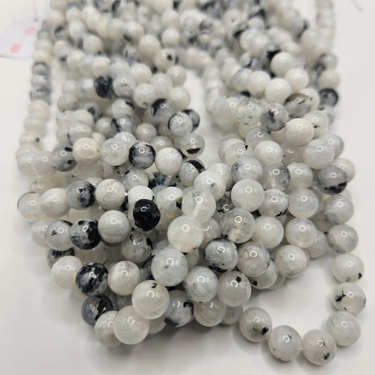 8mm Moonstone with Tourmaline Round Bead Strand.