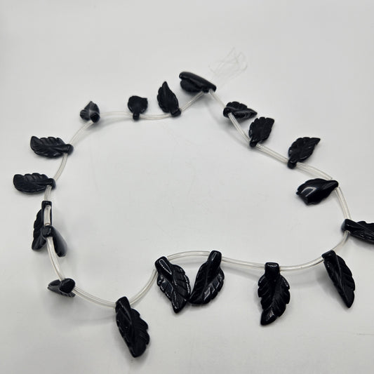 8x20mm Black Onyx Carved Leaf Bead Strand.