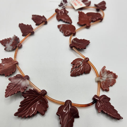 16-20mm Red Jasper Carved Leaf Bead Strand.