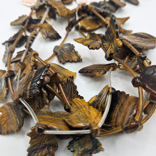 16-20mm Tiger Eye Carved Leaf Bead Strand.