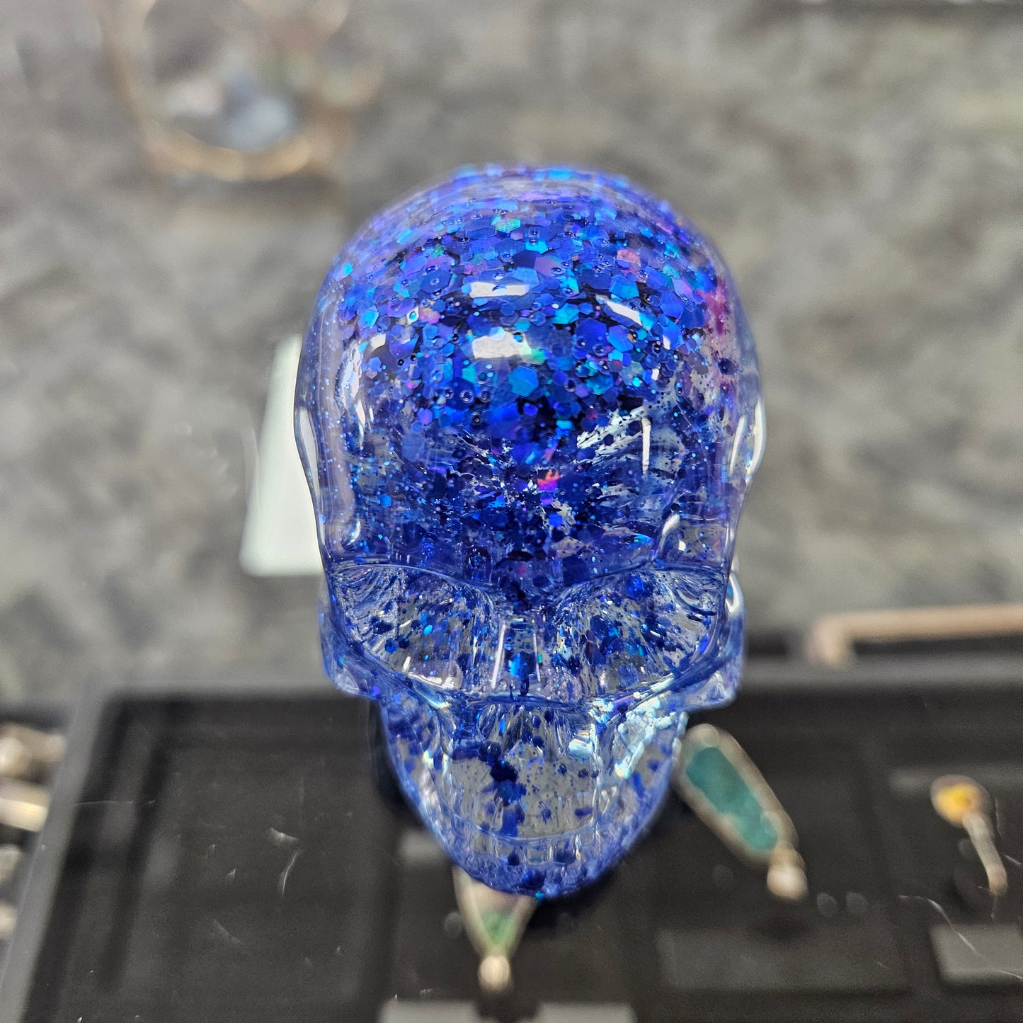 Small Blue Glitter Acrylic Skull 2x2 inch.