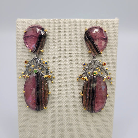 Sterling Silver Vermeil Sliced Tourmaline with Sapphire Earrings