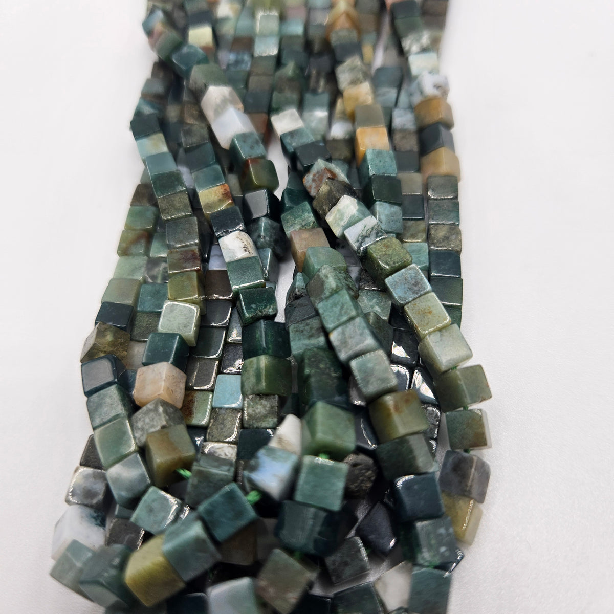 6mm Moss Agate Cube Bead Strand