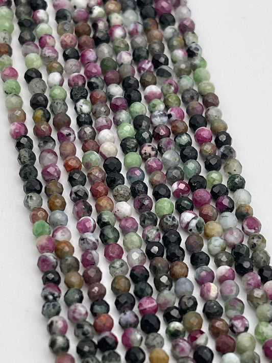 2mm Ruby Zoisite Faceted Round Bead Strand.