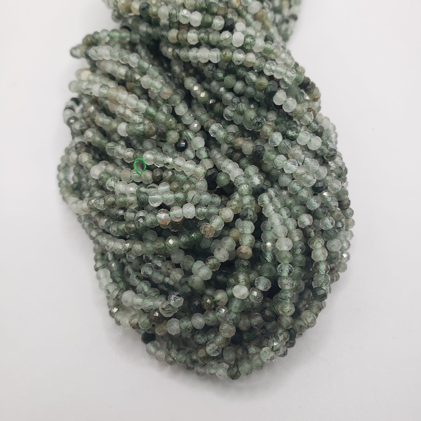 3mm Green Rutilated Quartz Faceted Bead Strand.