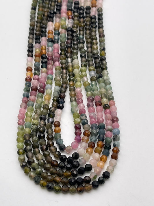 3mm Watermelon Tourmaline Faceted Round Bead Strand.