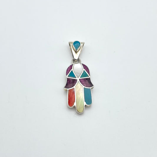 Peruvian Inlay Hamsa Hand Pendant Sterling Silver