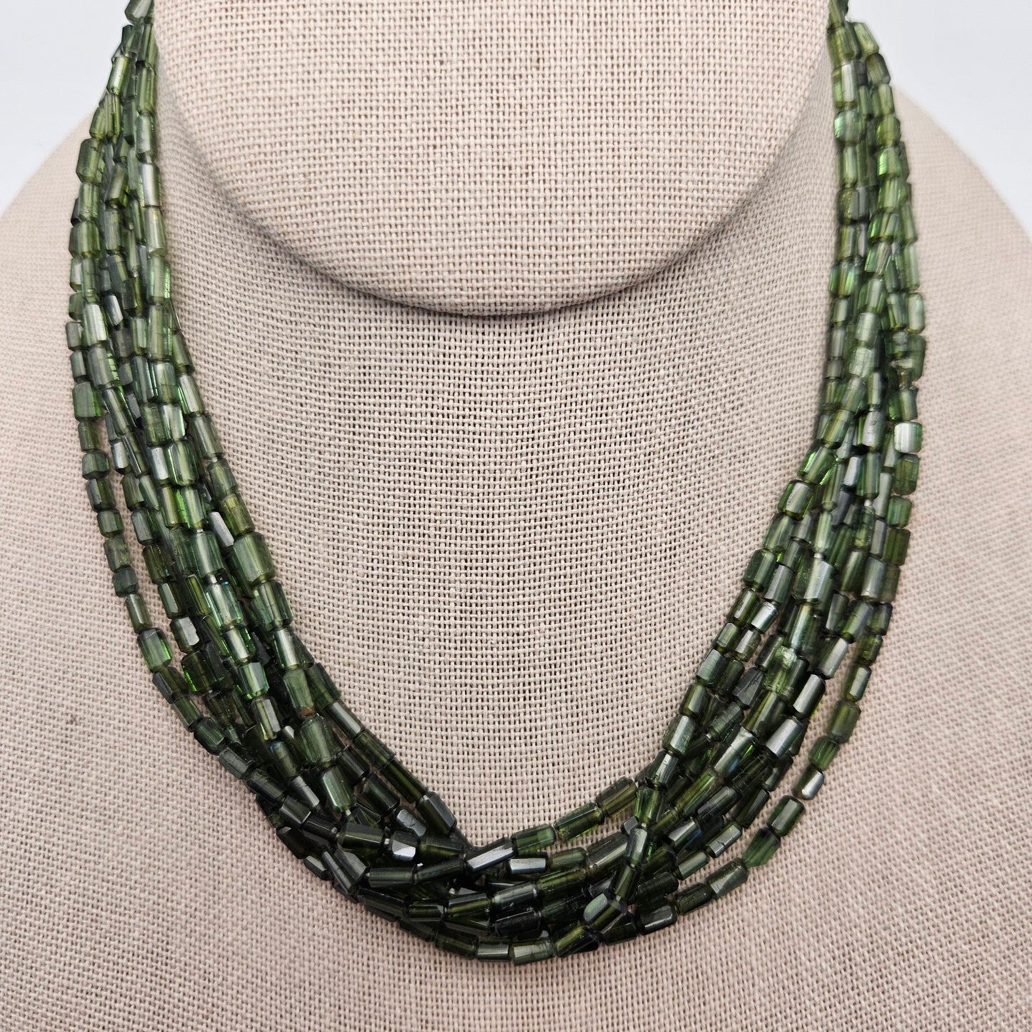 4mm-6mm Green Tourmaline Faceted Tube Bead Strand.