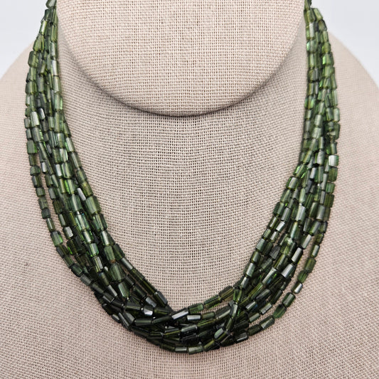 4mm-6mm Green Tourmaline Faceted Tube Bead Strand.