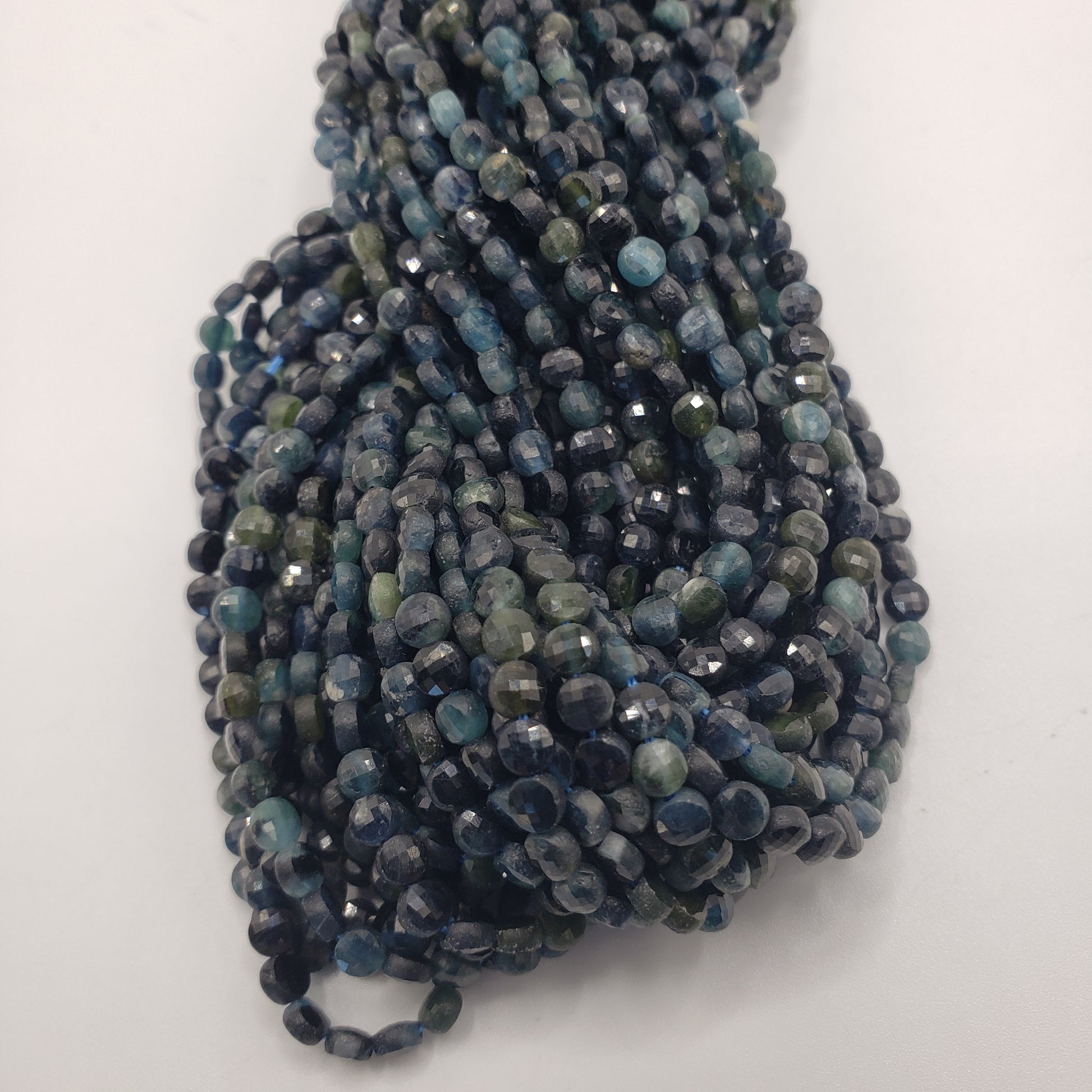 4mm Dark Blue Tourmaline Coin Faceted Bead Strand.
