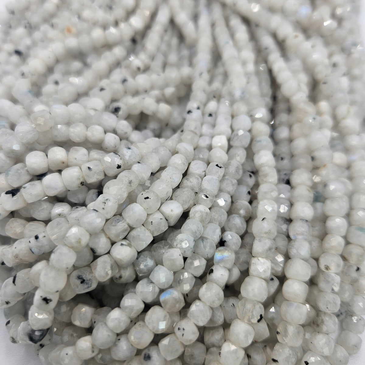 4mm Faceted Moonstone Cube Bead Strand.