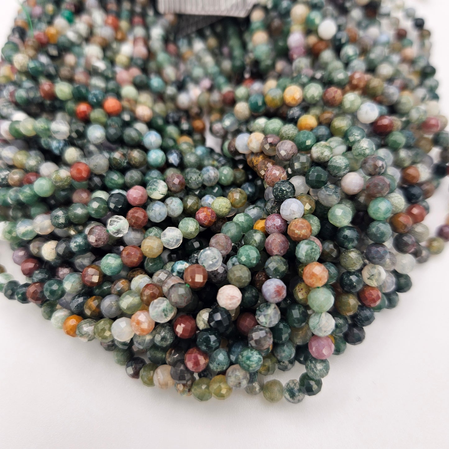 4mm Moss Agate Faceted Round Bead Strand.