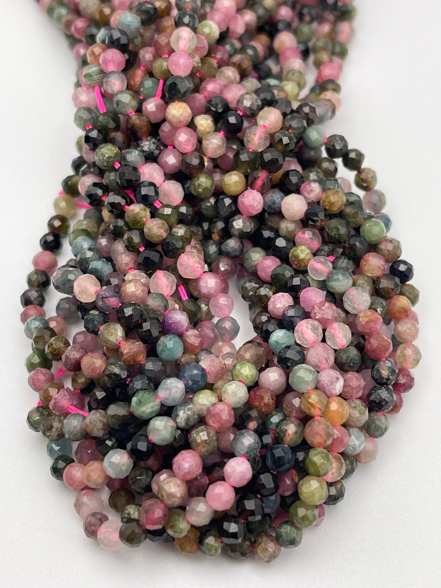 4mm Watermelon Tourmaline Faceted Round Bead Strand.