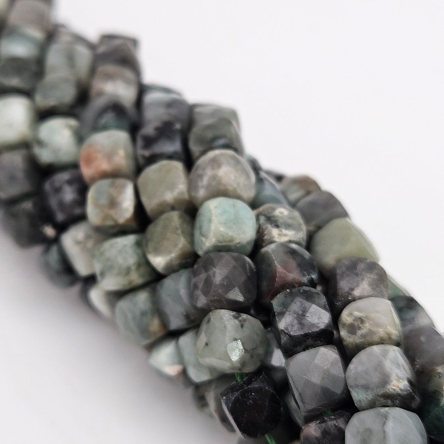 5mm Cubed Faceted Emerald Bead Strand.