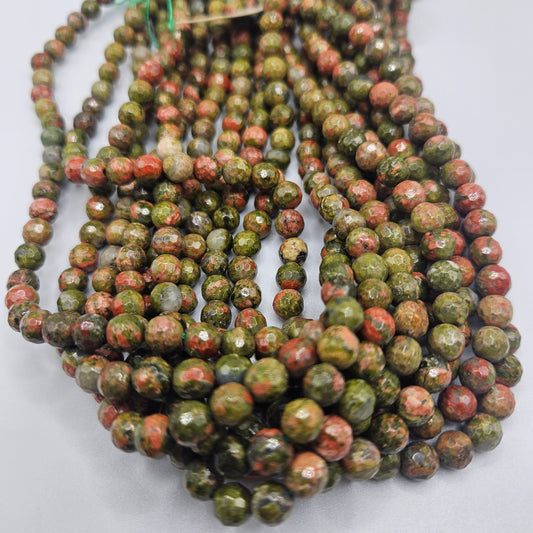6mm Faceted Unakite Jasper Round Bead Strand.