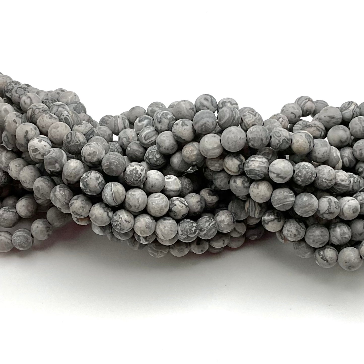 6mm Grey Leopard Jasper Matte Round Bead Strand.