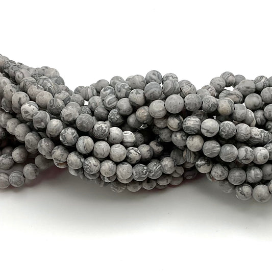 6mm Grey Leopard Jasper Matte Round Bead Strand.