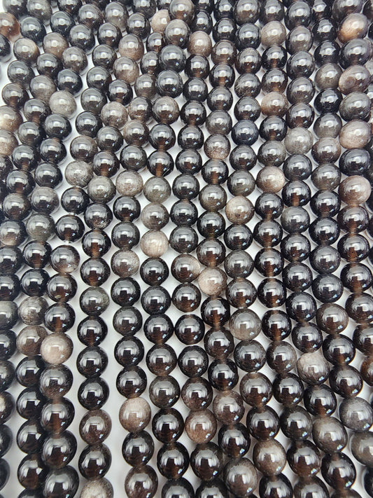6mm Silver Obsidian Round Bead Strand.