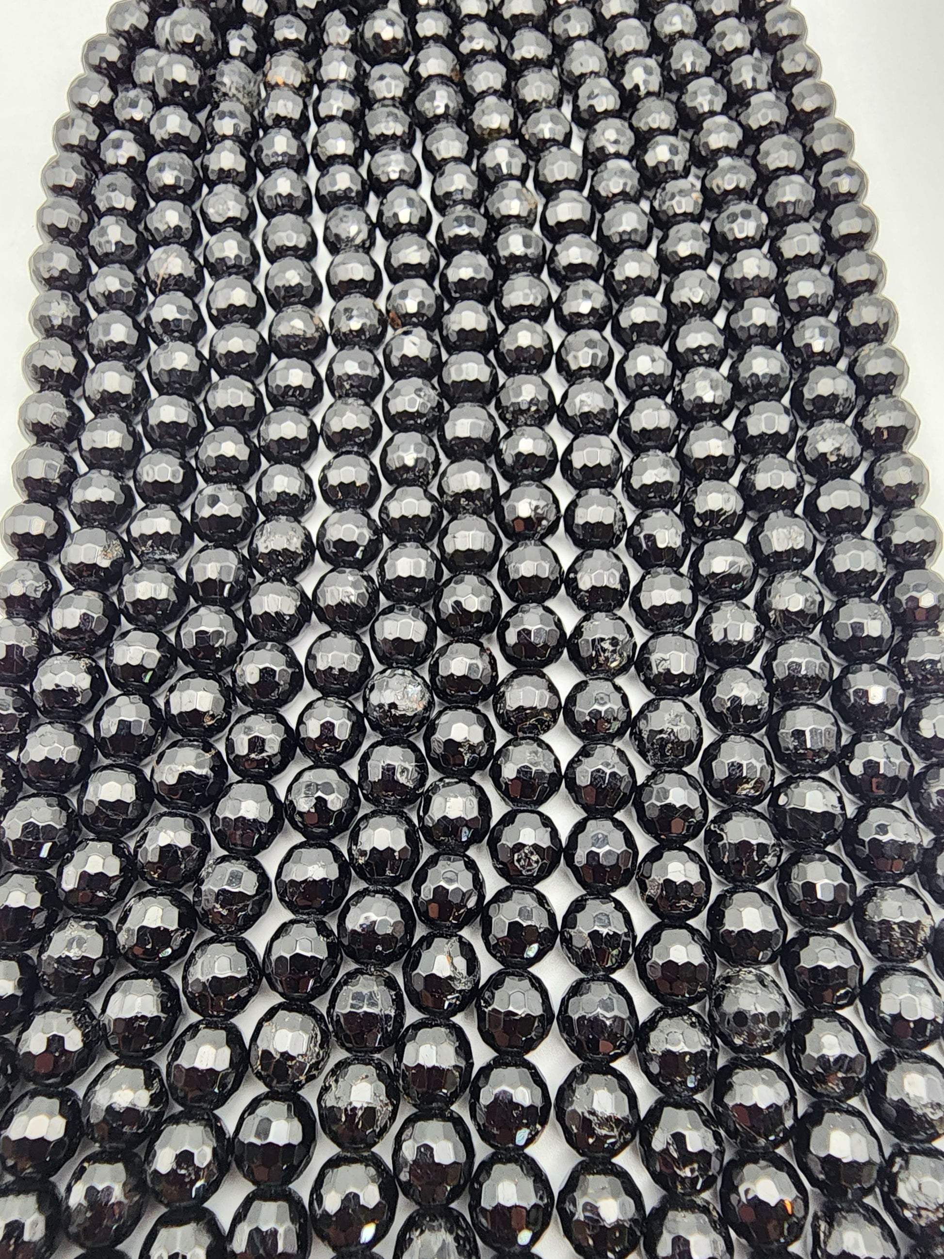 7mm Black Tourmaline Faceted Bead Strand.
