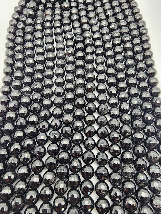 7mm Black Tourmaline Faceted Bead Strand.