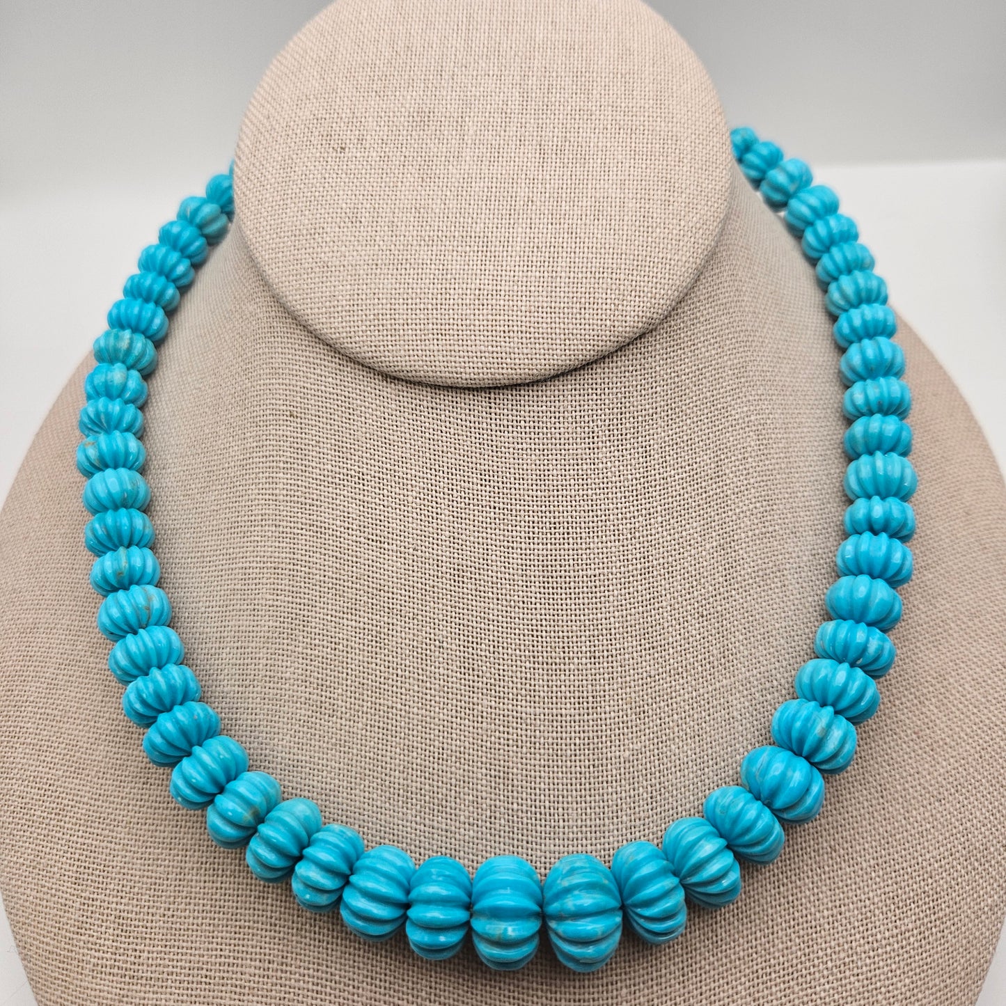 8-10mm Carved Graduated Turquoise Round Bead Strand.