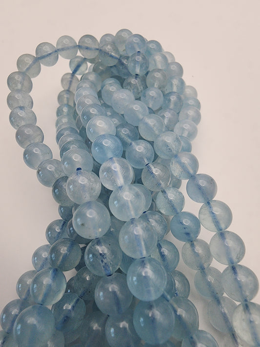8mm Aquamarine Smooth Round Bead Strand.
