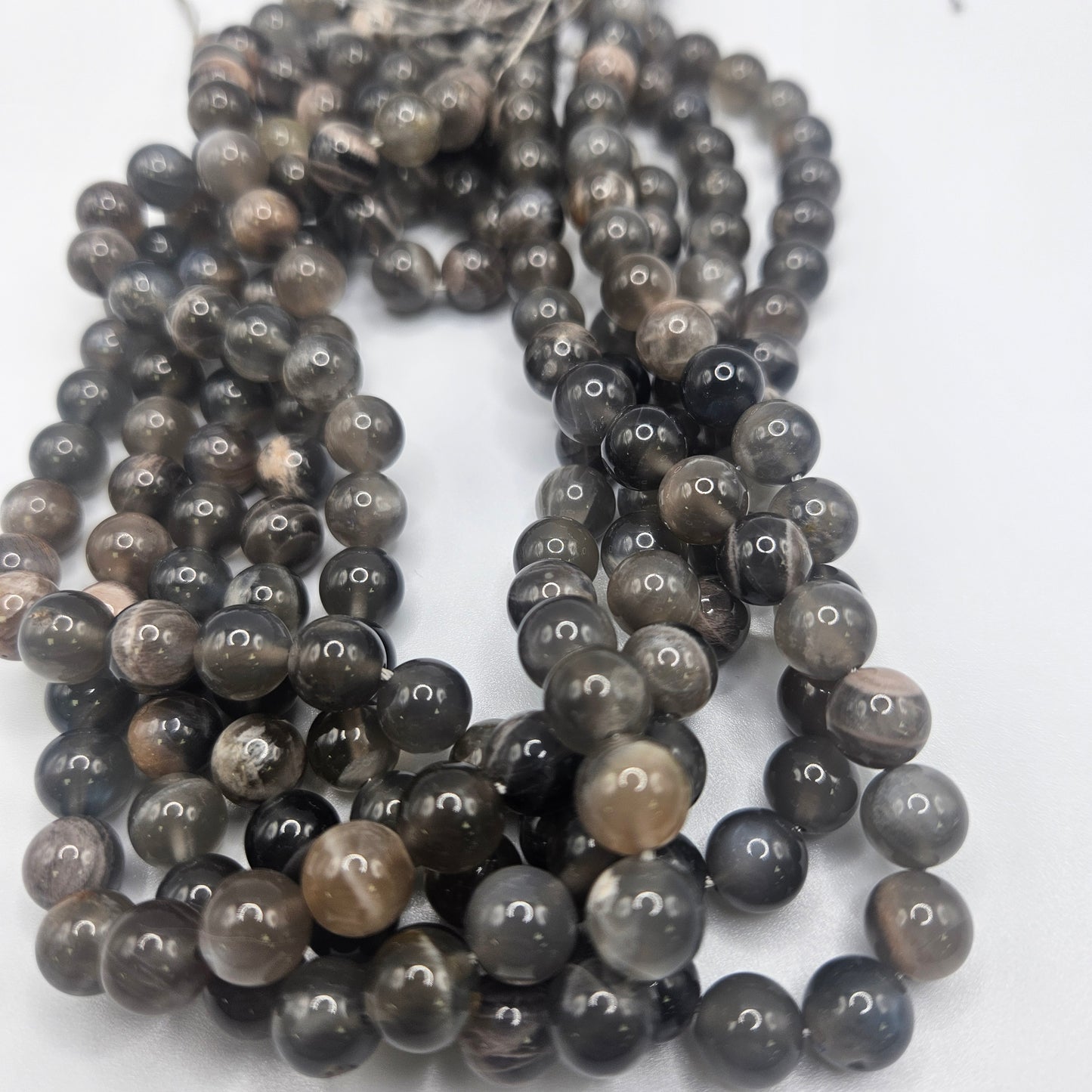 8mm Black Madagascar Moonstone Round Bead Strand.