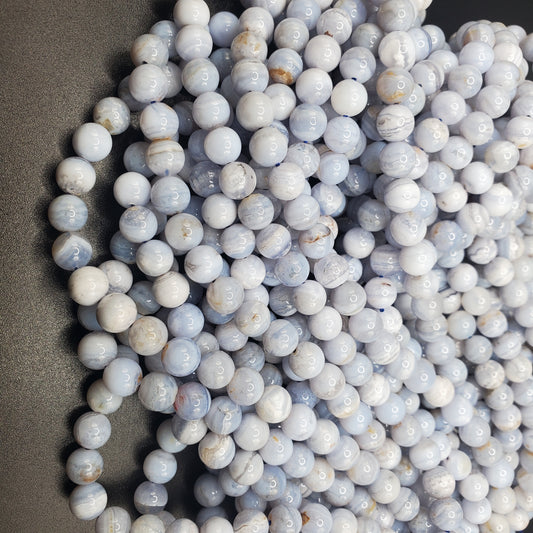 8mm Blue Lace Agate Round Smooth Bead Strand.