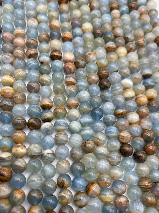 8mm Calcite Aquatine Round Smooth Bead Strand.