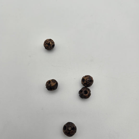 8mm Decorative Carved Bone Bead Brown Single.
