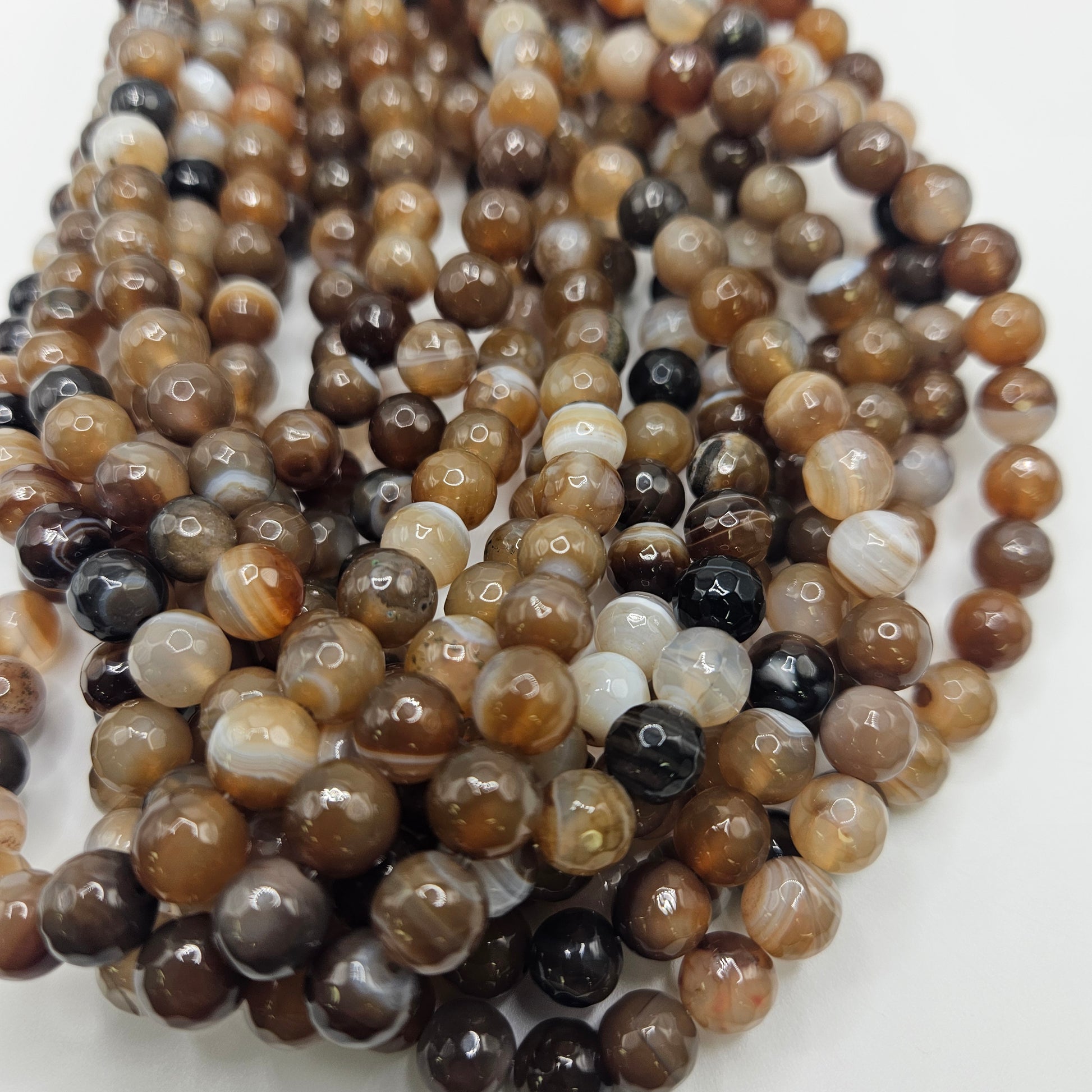8mm Faceted Brown Agate Bead Strand.
