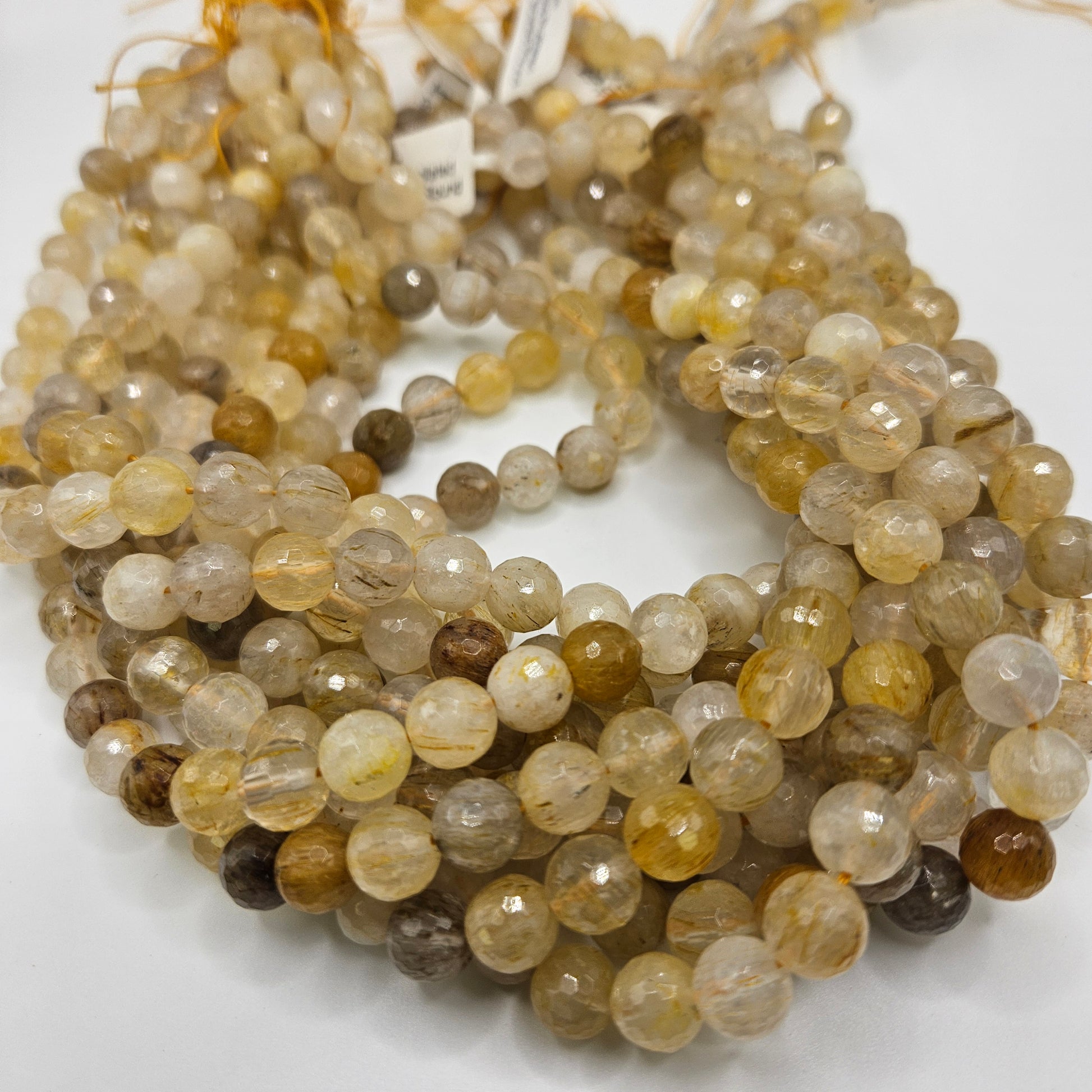 8mm Gold Rutilated Quartz Faceted Round Beads.