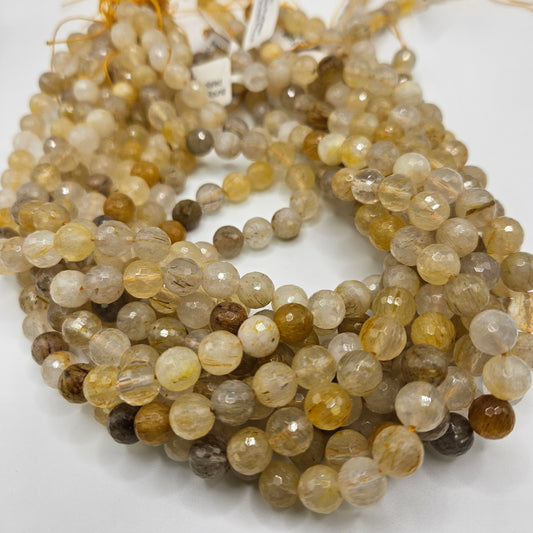 8mm Gold Rutilated Quartz Faceted Round Beads.