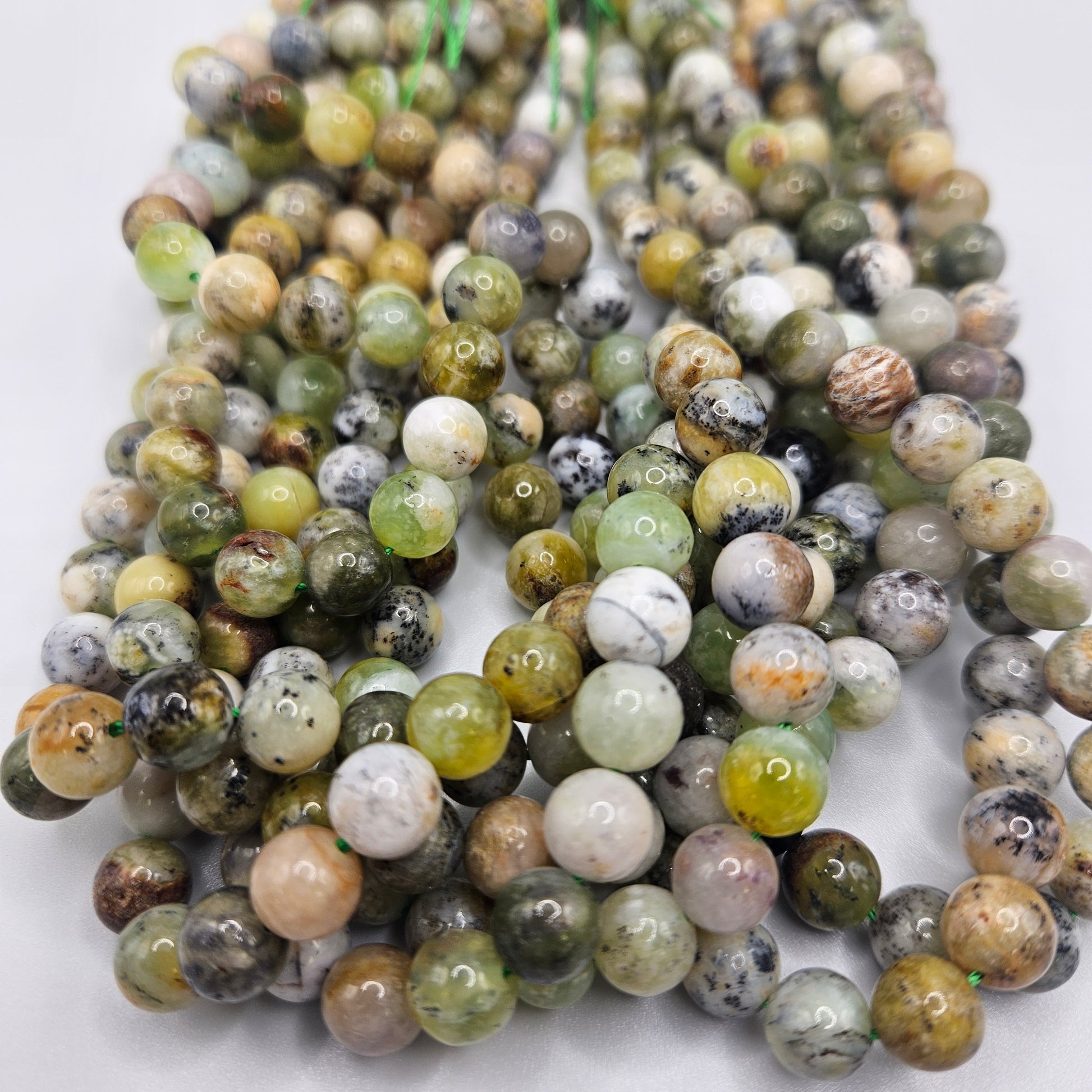 8mm Green Dendritic Opal Round Bead Strand.