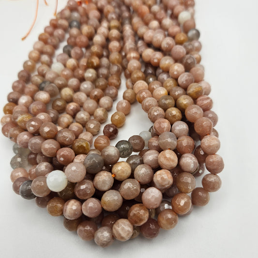 8mm Peach Moonstone Faceted Round Bead Strand.