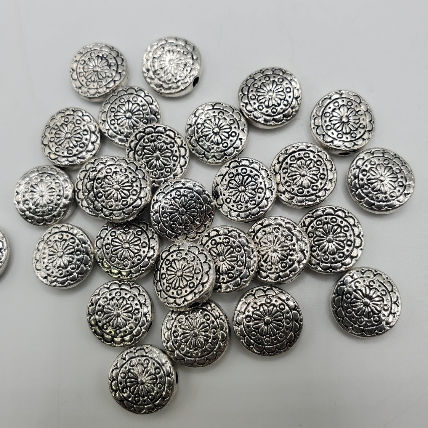 8mm Pewter Flat, Round Mandala Bead.