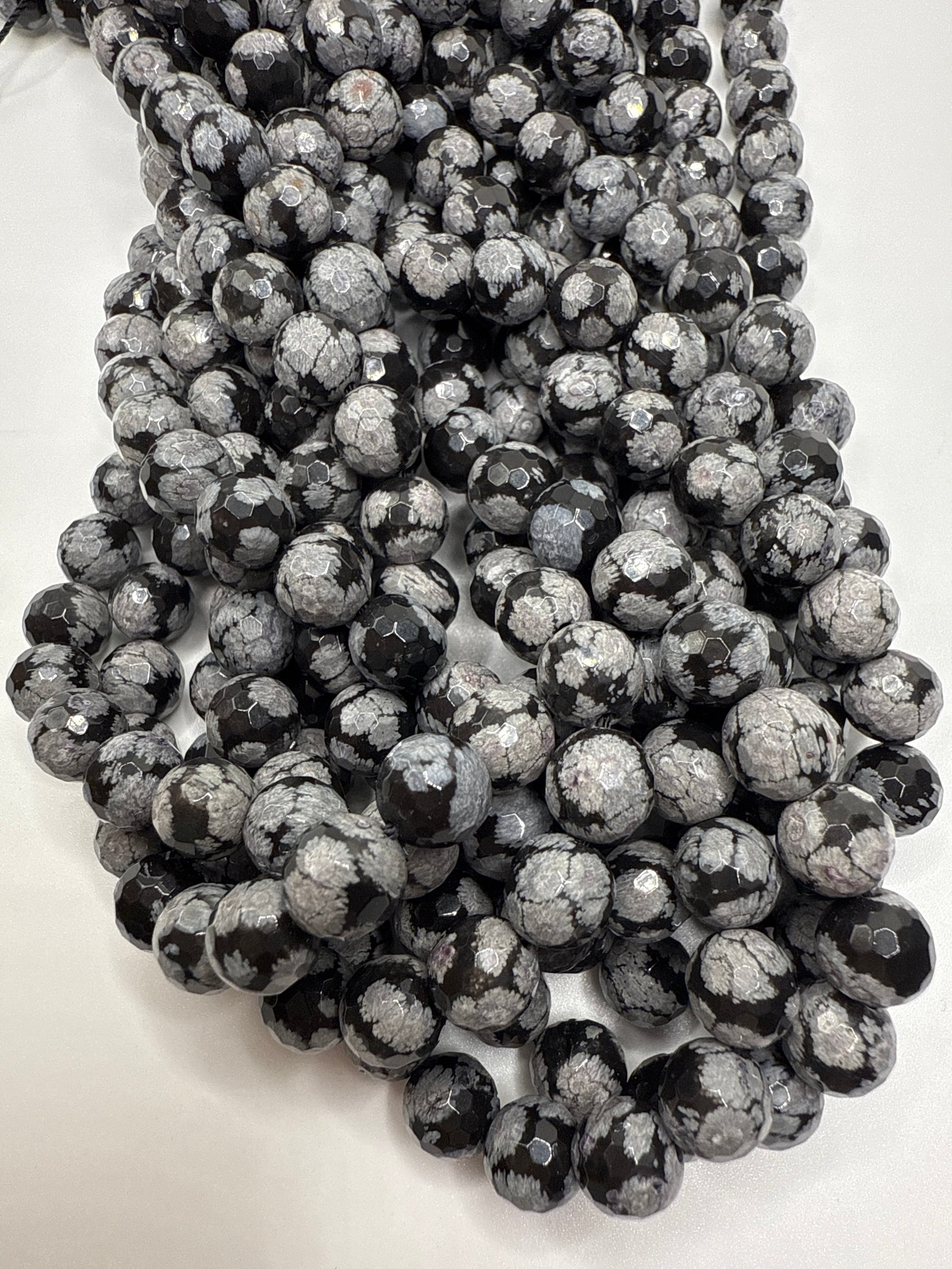 8mm Snowflake Obsidian Faceted Round Beads.
